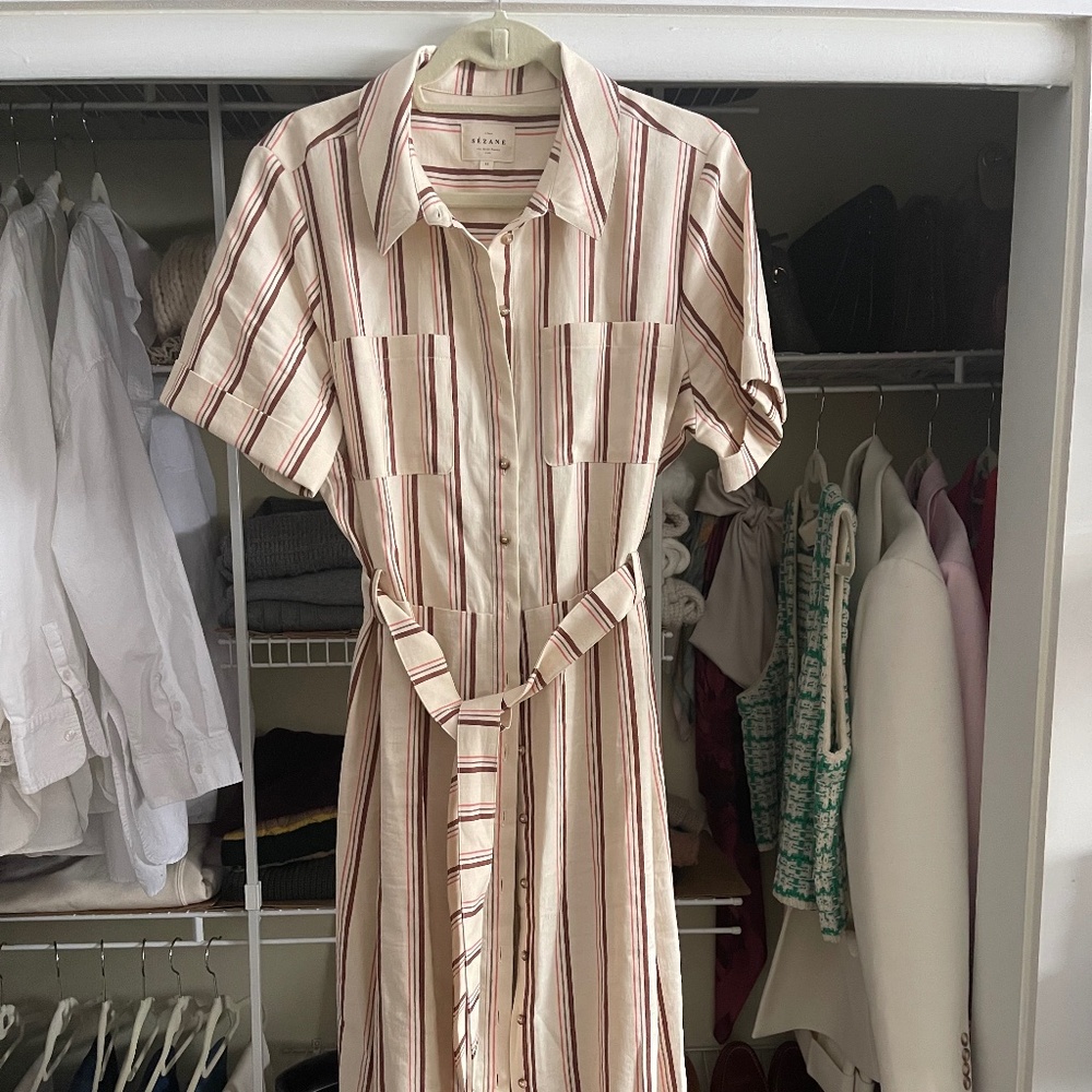 Sezane Cream Midi Shirt Dress with Burgundy Stripes